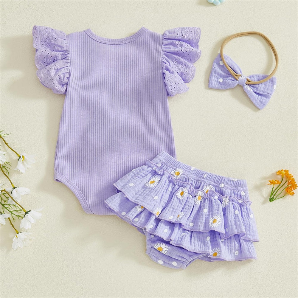 3PCS She's Here Letter Embroidery Floral Printed Fly Sleeve Baby Set