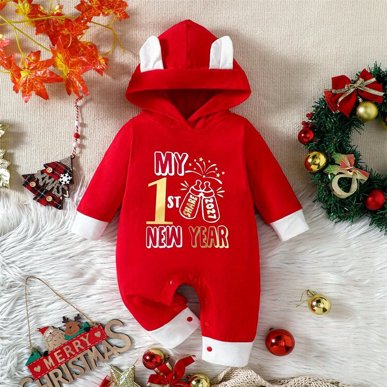 My 1st New Year Letter Printed Long Sleeve Hoodie Baby Jumpsuit