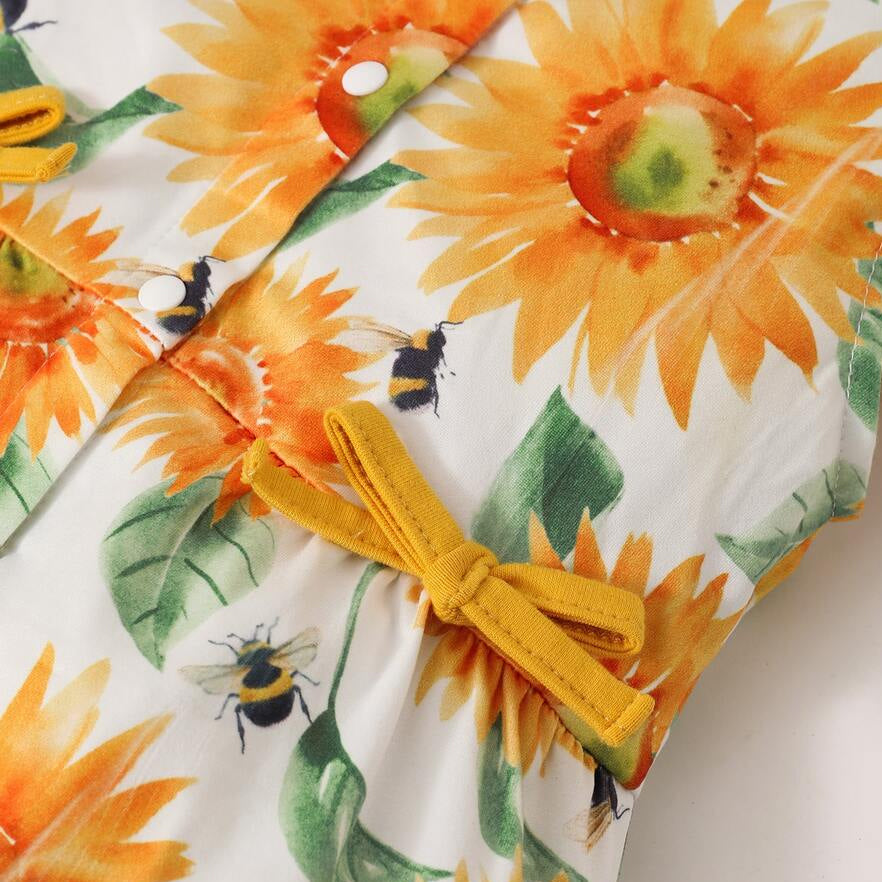 Lovely Sunflower Print Bow Flutter Sleeve Baby Jumpsuit
