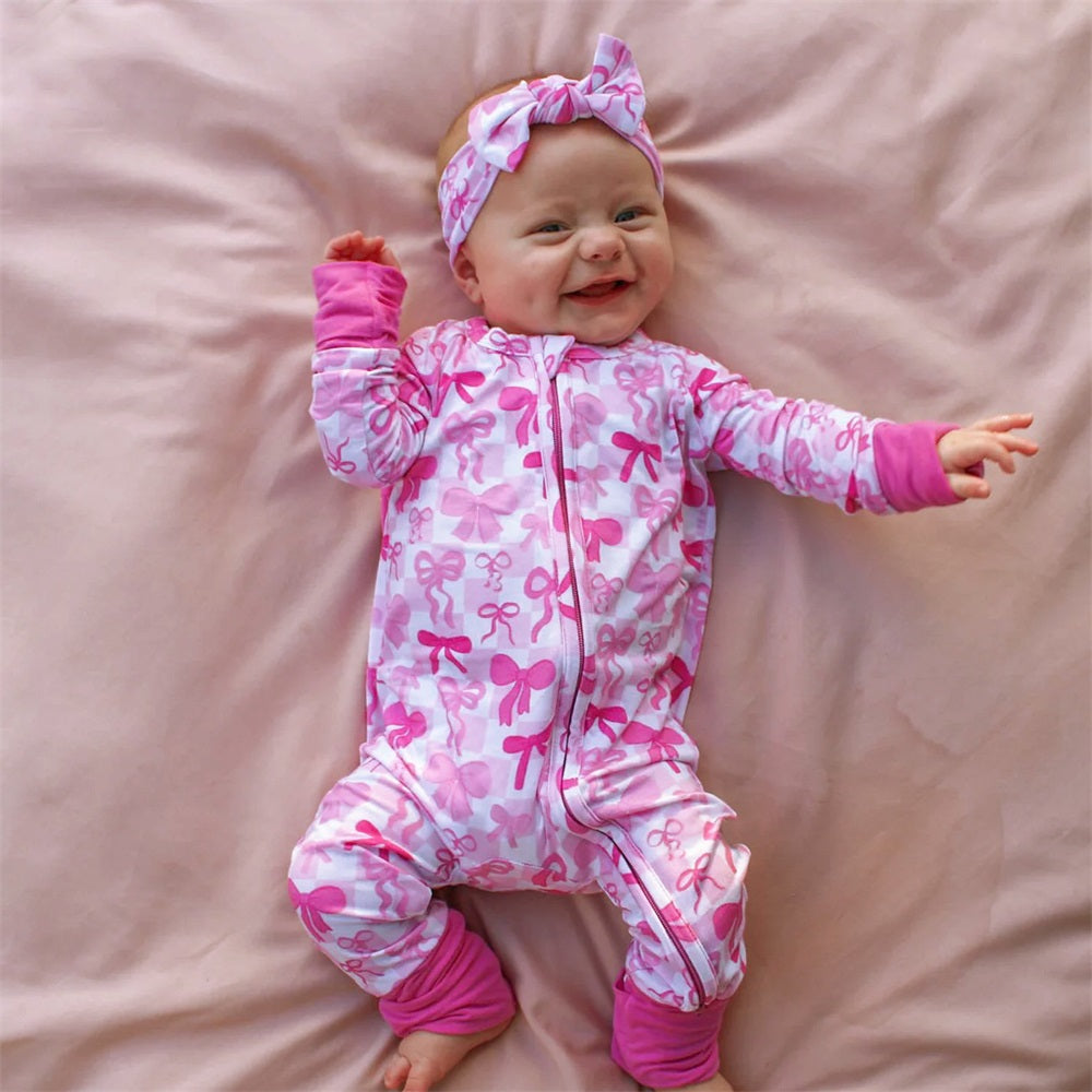 2PCS Comfy Allover Bow Print Long Sleeve Baby Jumpsuit