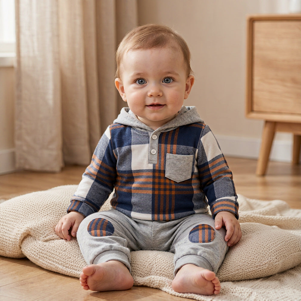 2PCS Cozy Plaid Print Long Sleeve Hoodie Baby Boy Set