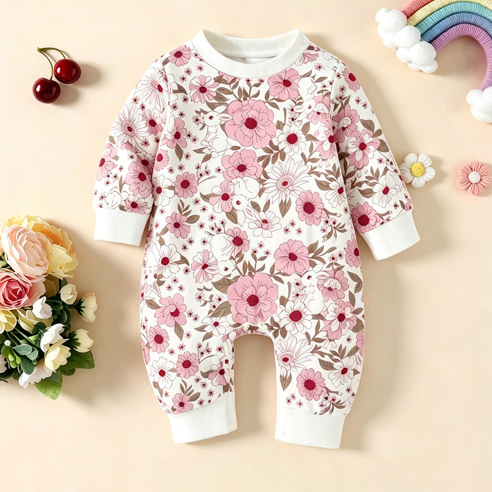 Vintage Baby Girl Floral Printed Long Sleeve Jumpsuit