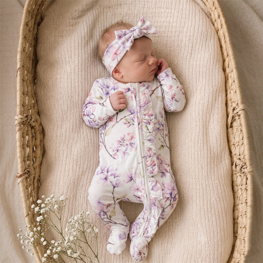 2PCS Refined Floral Print Long Sleeve Baby Zipper Jumpsuit