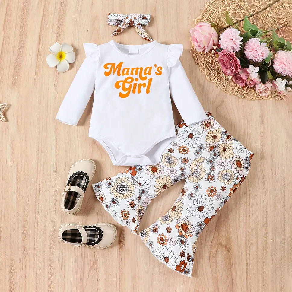 3PCS Mama's Girl Letter Floral Printed Long Sleeve Baby Set