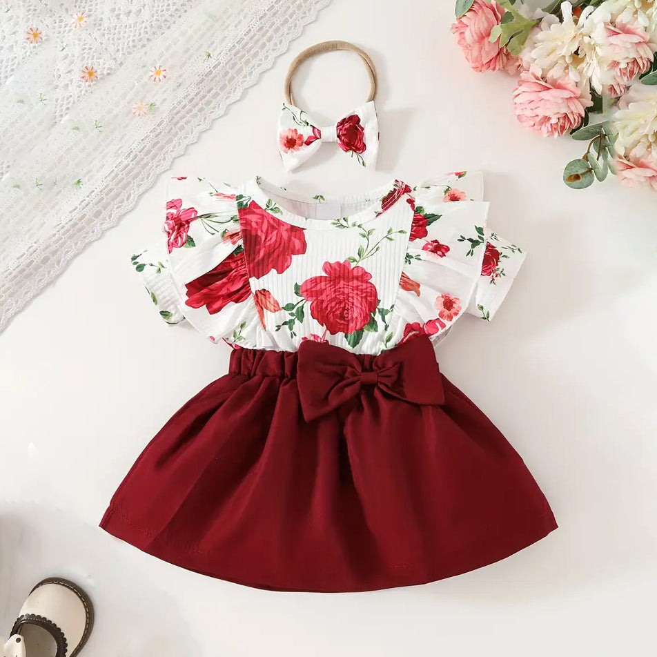 2PCS Charming Floral Printed Short Sleeve Dress with Bow Headband