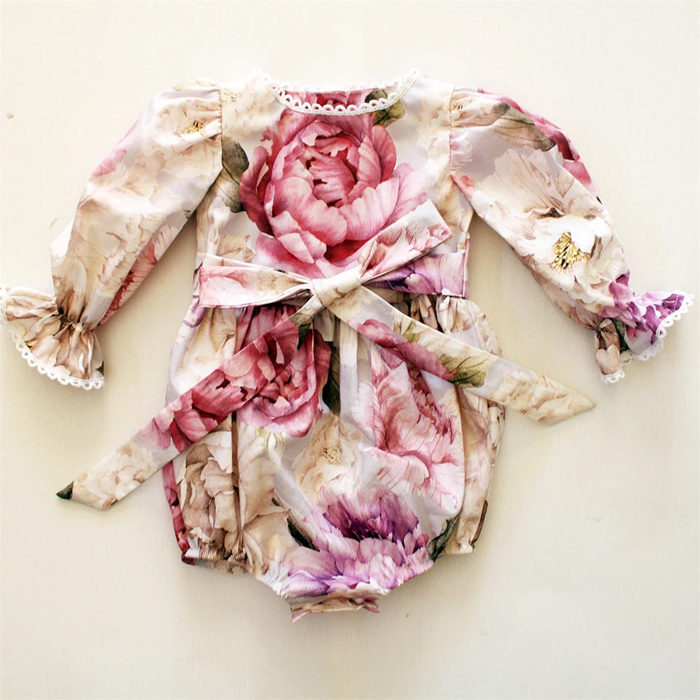 Graceful Floral Print Long Sleeve Baby Girl Romper