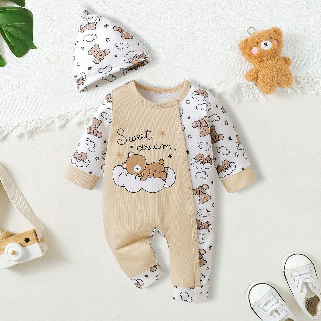 2PCS Cute Cloud Bear Print Long Sleeve Baby Jumpsuit