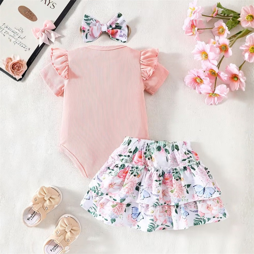 3PCS Fashion Floral Printed Bow Short Sleeve Baby Set