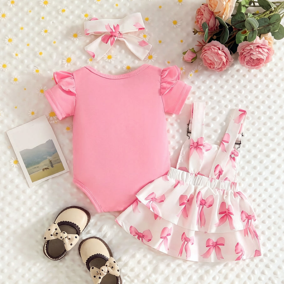 3PCS Sweet Bow Print Baby Pinafore Dress Set with Short Sleeve Top