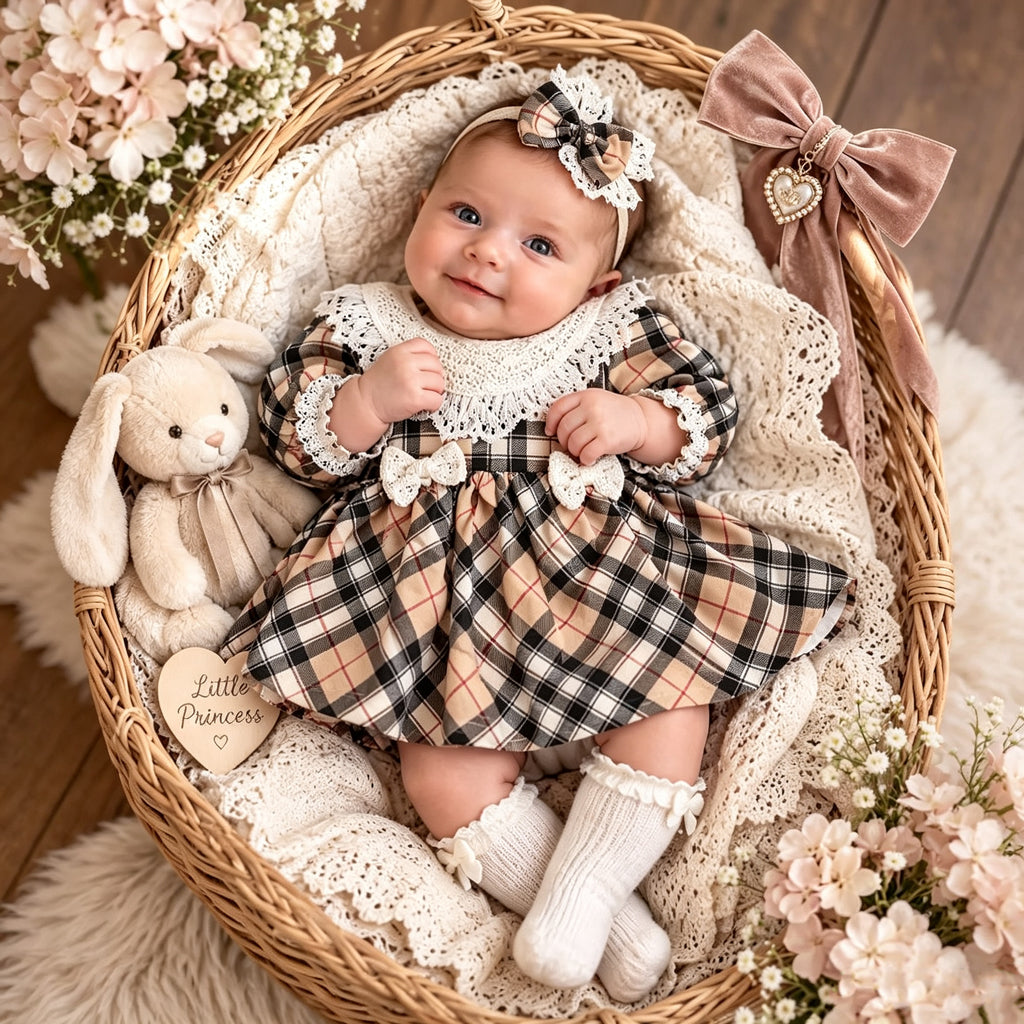 2PCS Vintage Plaid Printed Lace Eyelet Long Sleeve Baby Girl Romper