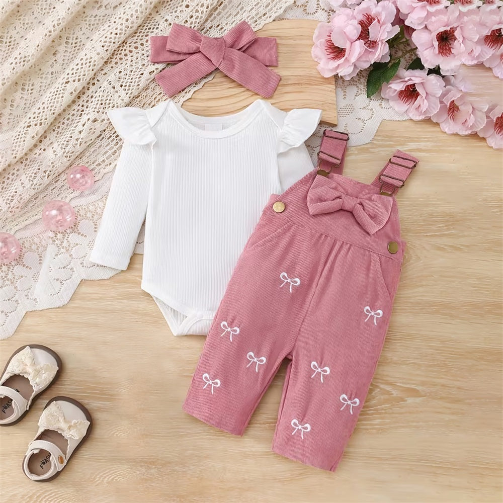 3PCS Sweet Bow Print Long Sleeve Baby Overalls Set