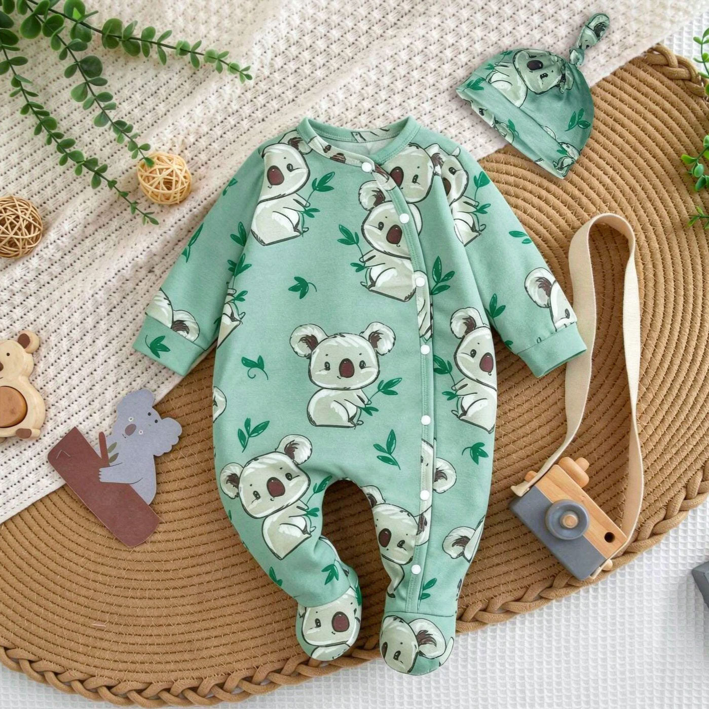 2PCS Casual Cute Koala Printed Long Sleeve Baby Jumpsuit