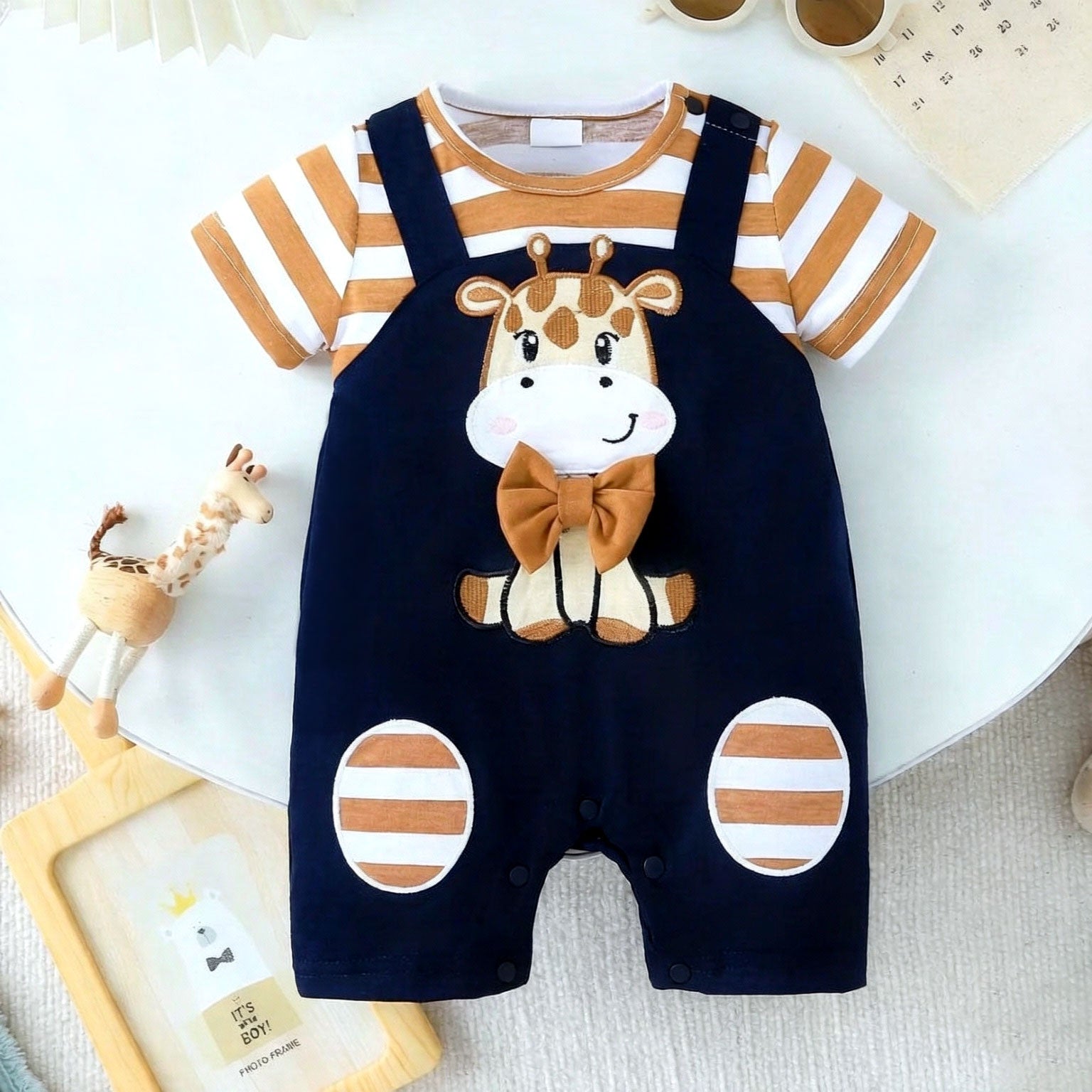 Casual Giraffe Embroidered Striped Print Short Sleeve Baby Jumpsuit