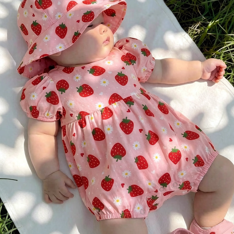 Elegant Strawberry Print Short Sleeve Baby Jumpsuit