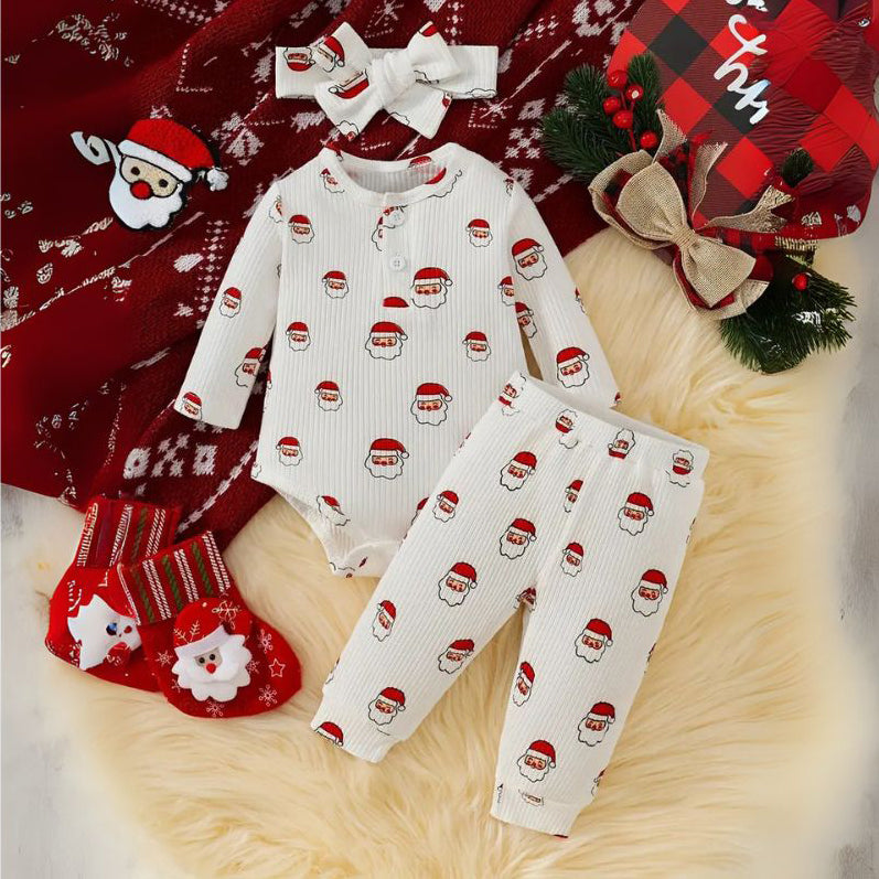 3PCS Christmas Santa Claus Print Long Sleeve Baby Set