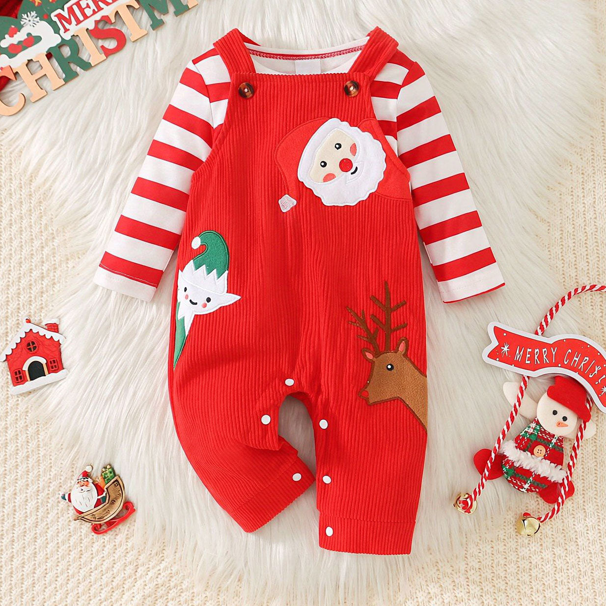 2PCS Christmas Stripe Printed Santa Claus Embroidery Overalls Baby Set