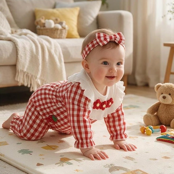 2PCS Vibrant Floral Strawberry Applique Plaid Print Long Sleeve Baby Jumpsuit