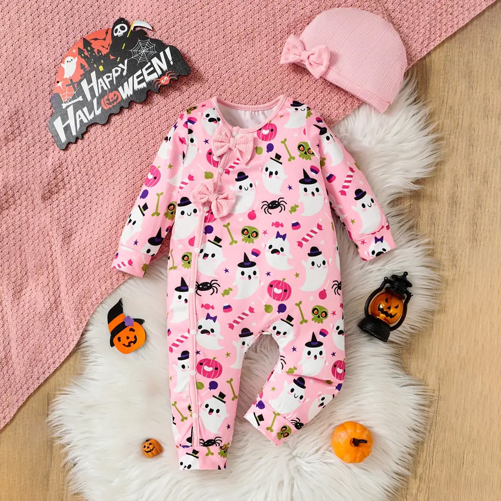 2PCS Fashionable Cartoon Ghosts Printed Long Sleeve Baby Jumpsuit