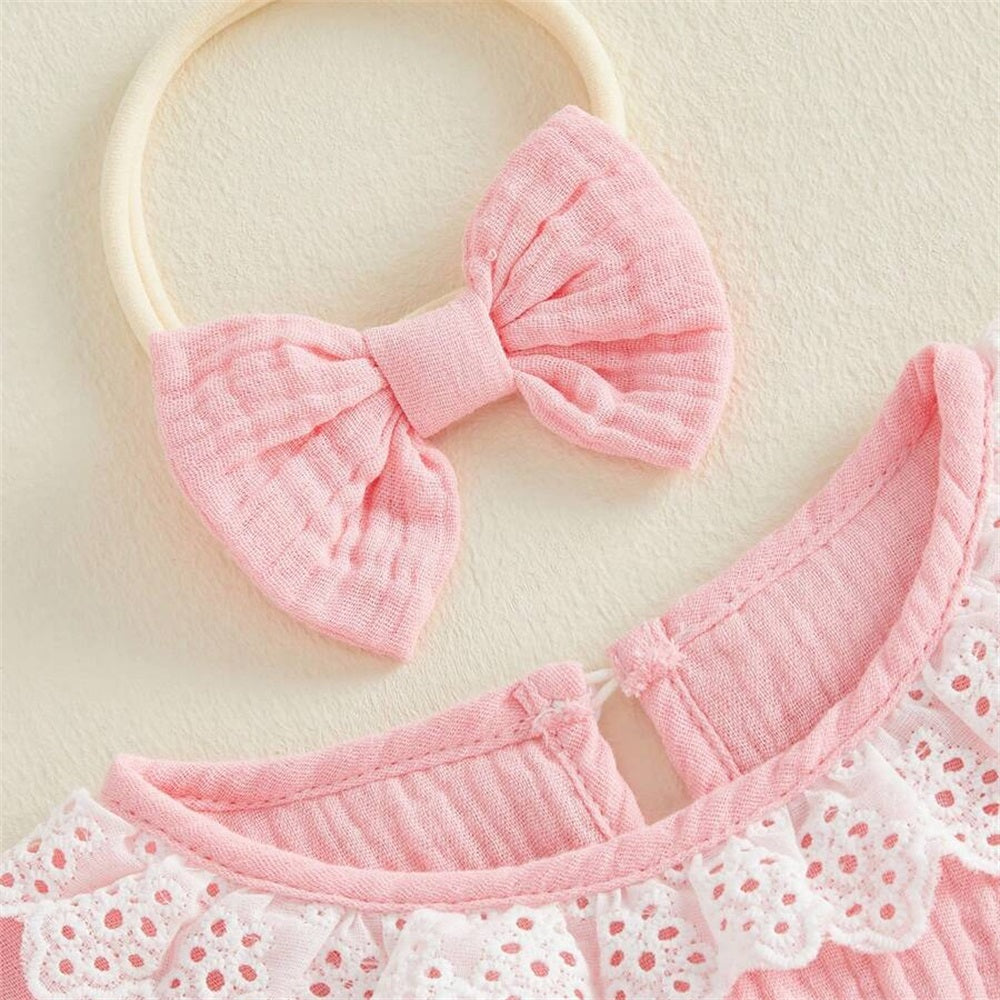 2PCS Sweet Floral Embroidery Short Sleeve Tulle Baby Romper