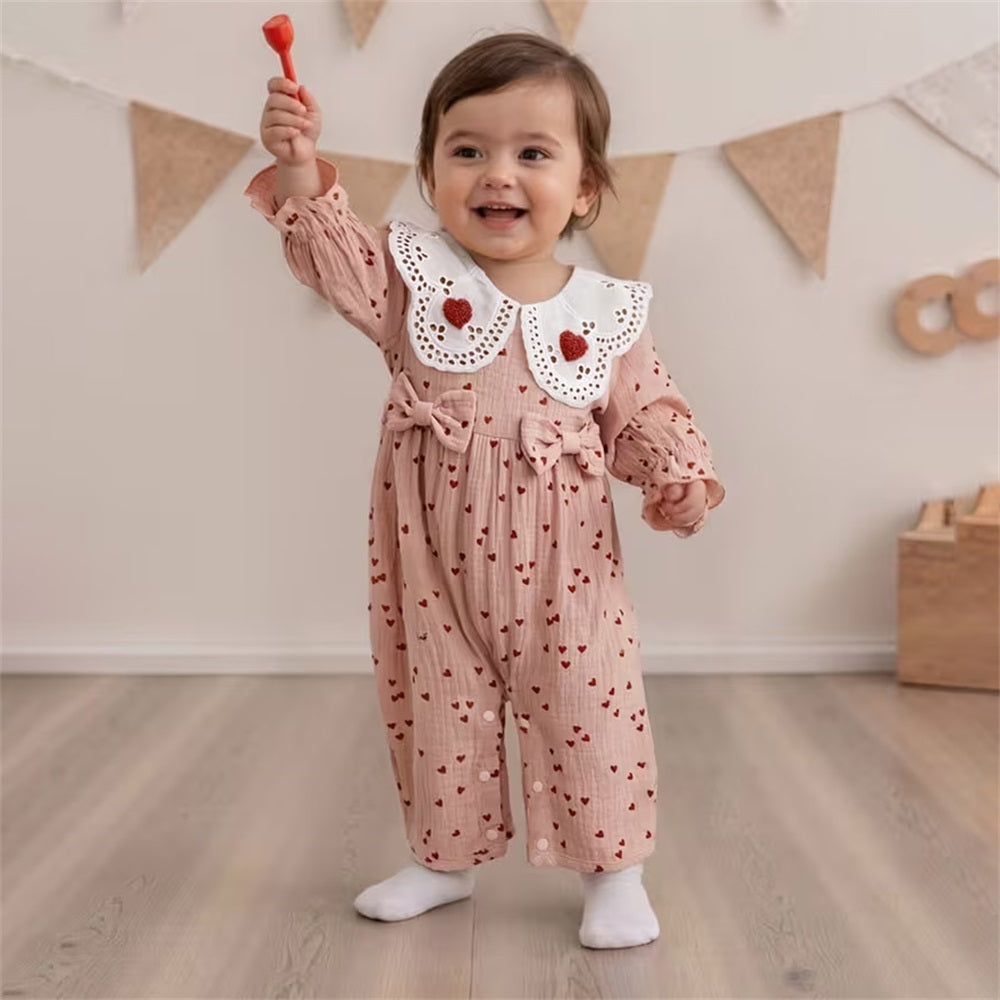 Cute Heart Print Flared Long Sleeve Baby Jumpsuit