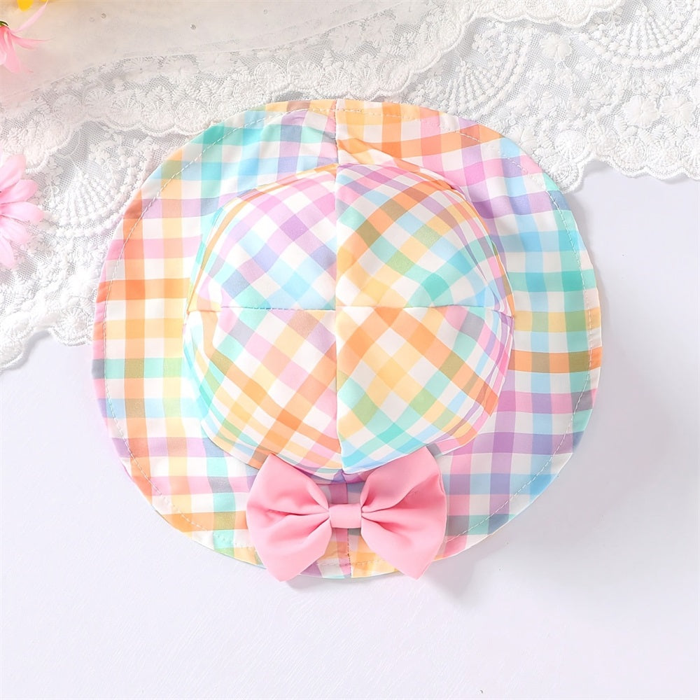 2PCS Sweet Plaid Printed Bow Frill Trim Sleeveless Baby Romper
