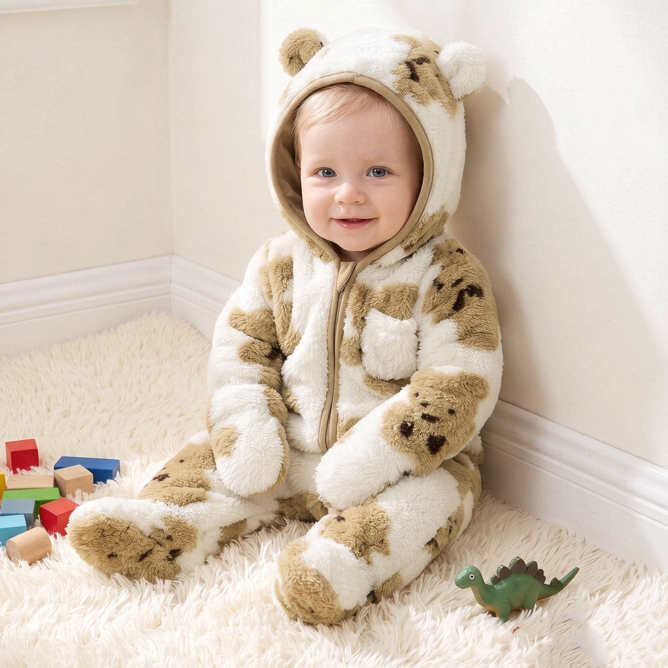Fuzzy Bear Printed Zipper Long Sleeve Baby Hoodie Jumpsuit