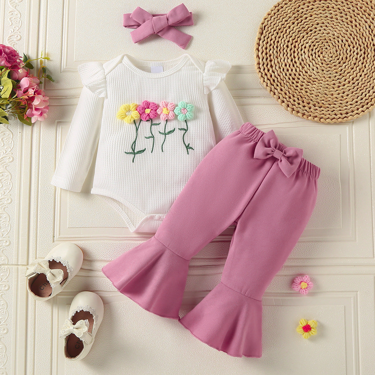 3PCS Lovely 3D Floral Print Long Sleeve Baby Girl Set
