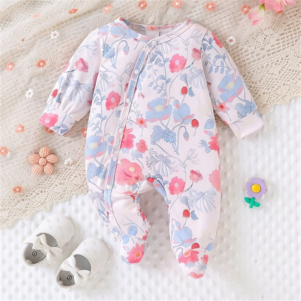 Graceful Floral Printed Long Sleeve Baby Jumpsuit