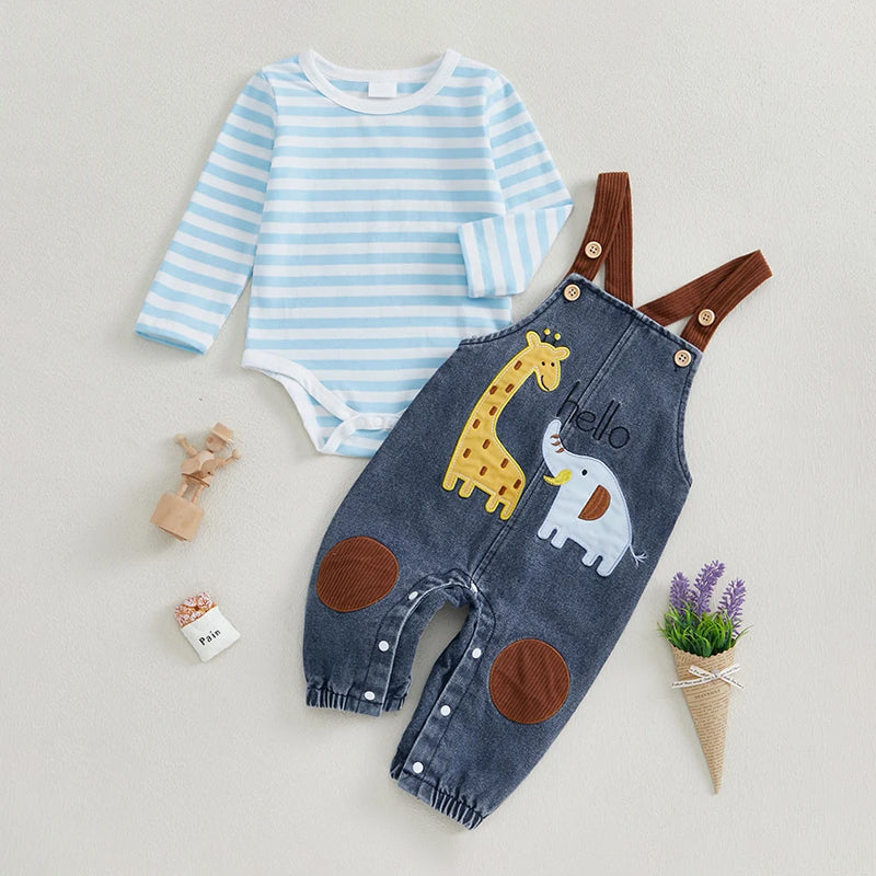 2PCS Cute Stripe Romper with Elephant and Giraffe Embroidery Overalls Set