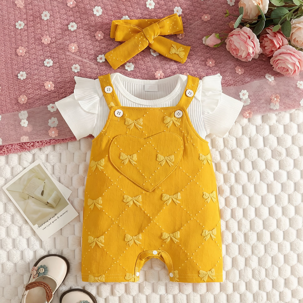 3PCS Heart Appliqué & Bow Embroidery Short Sleeve Overalls Baby Set
