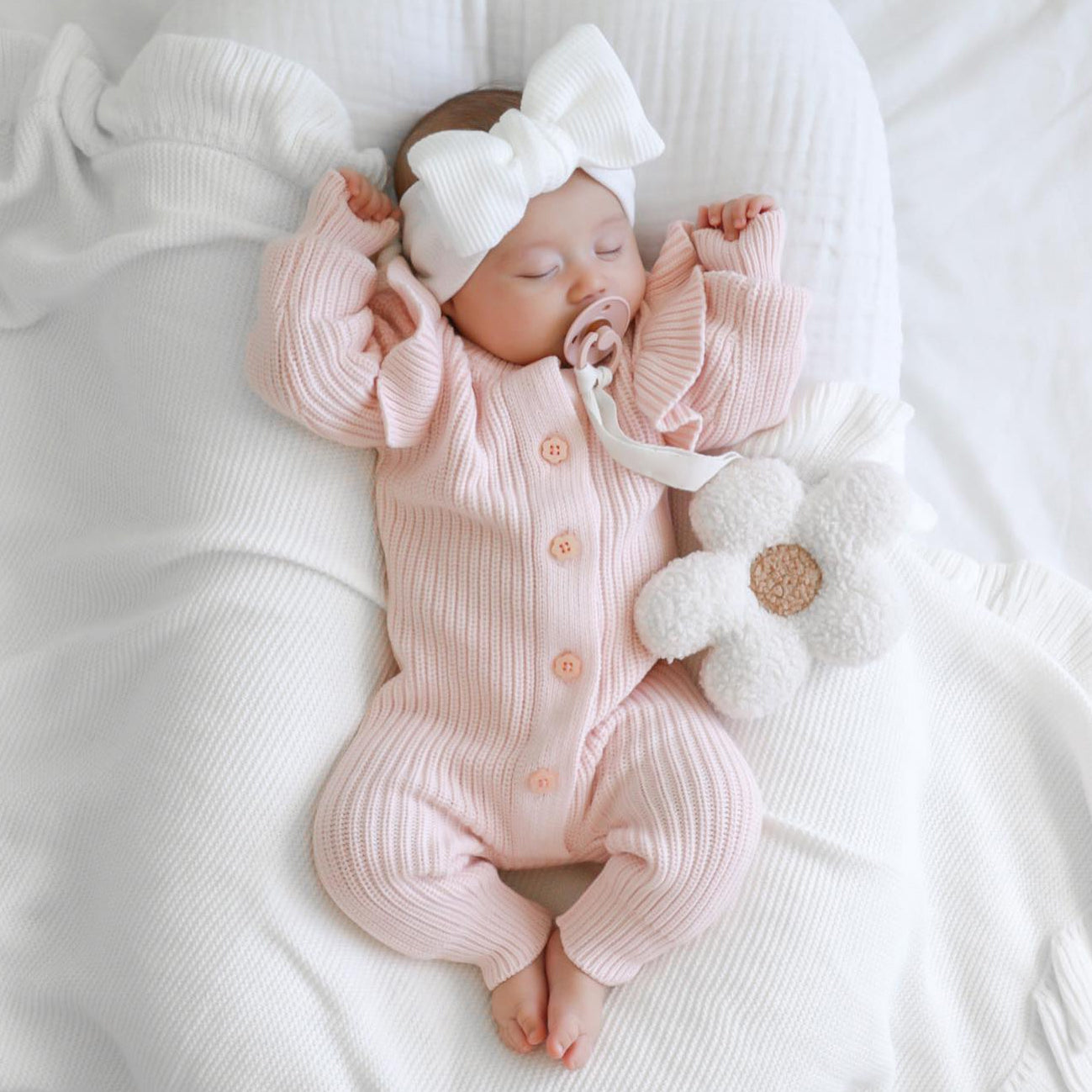 Sweet Solid Color Ribbed Knit Long Sleeve Baby Jumpsuit