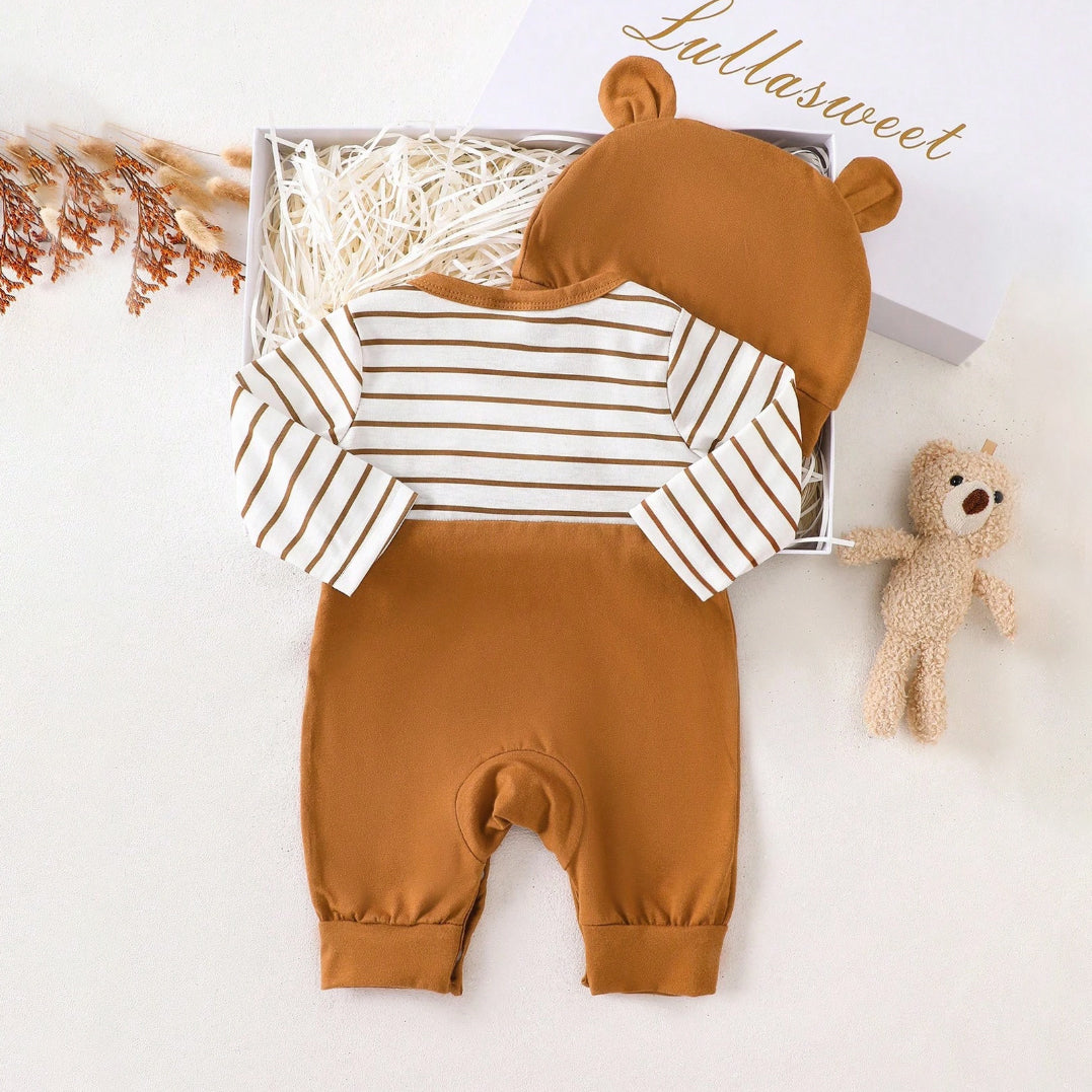 2PCS Cute Bear Stripe Printed Long Sleeve Baby Jumpsuit