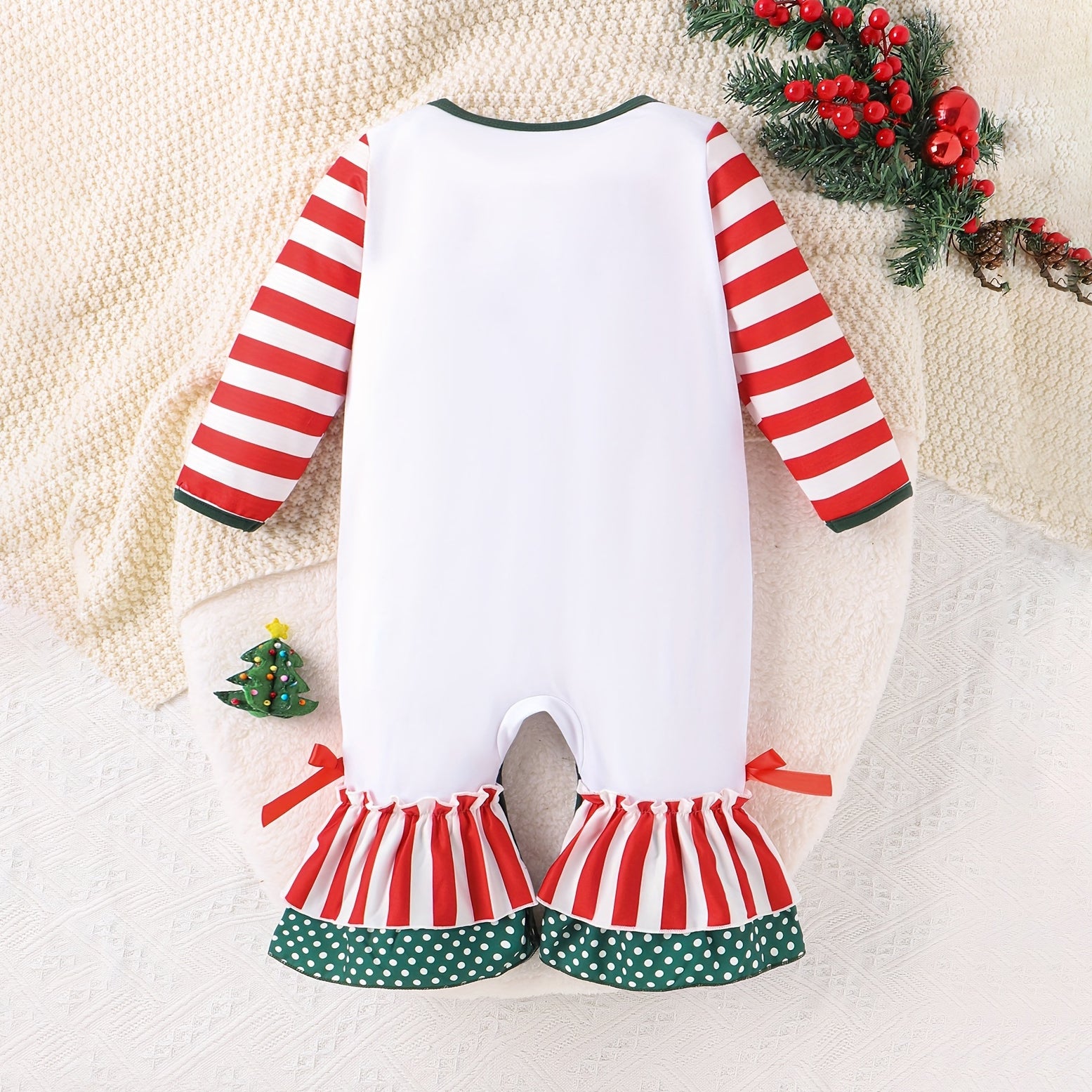 My First Christmas Letter Stripe Printed Bowknot Flares Decor Baby Jumpsuit