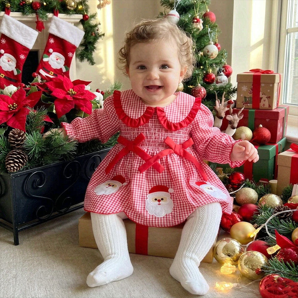 Lovely Christmas Santa Claus Plaid Printed Long Sleeve Baby Romper