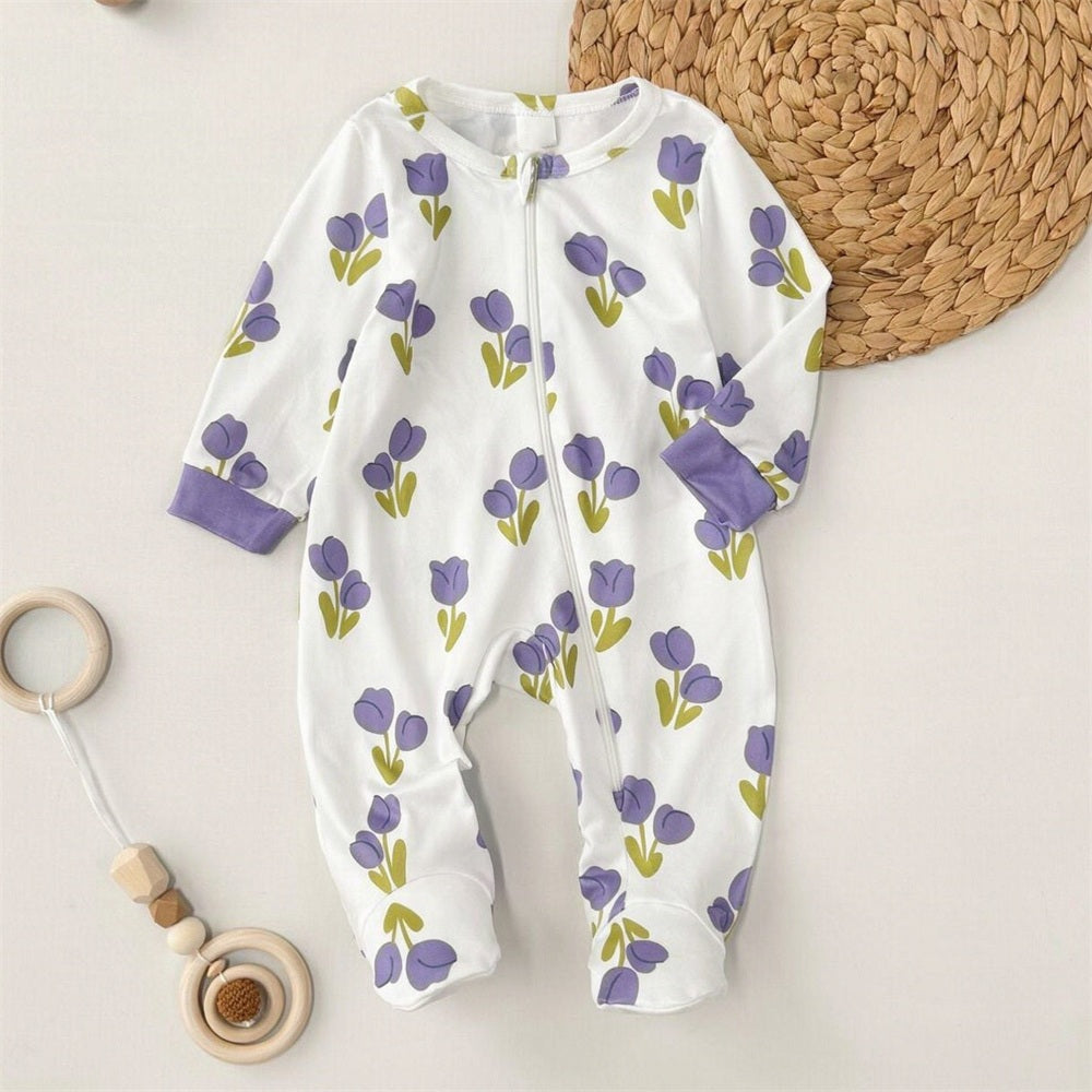 Gorgeous Floral Printed Zipper Long Sleeve Baby Jumpsuit