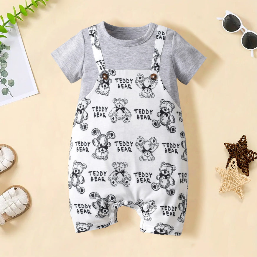 Fake Two-Piece Letter & Teddy Bear printed Baby Jumpsuit