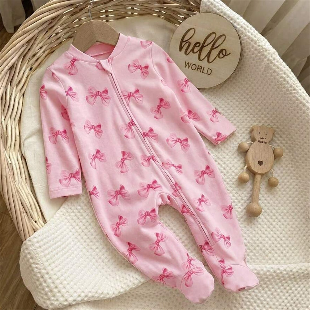 2PCS Quirky Bow Print Long Sleeve Zipper Baby Girl Jumpsuit