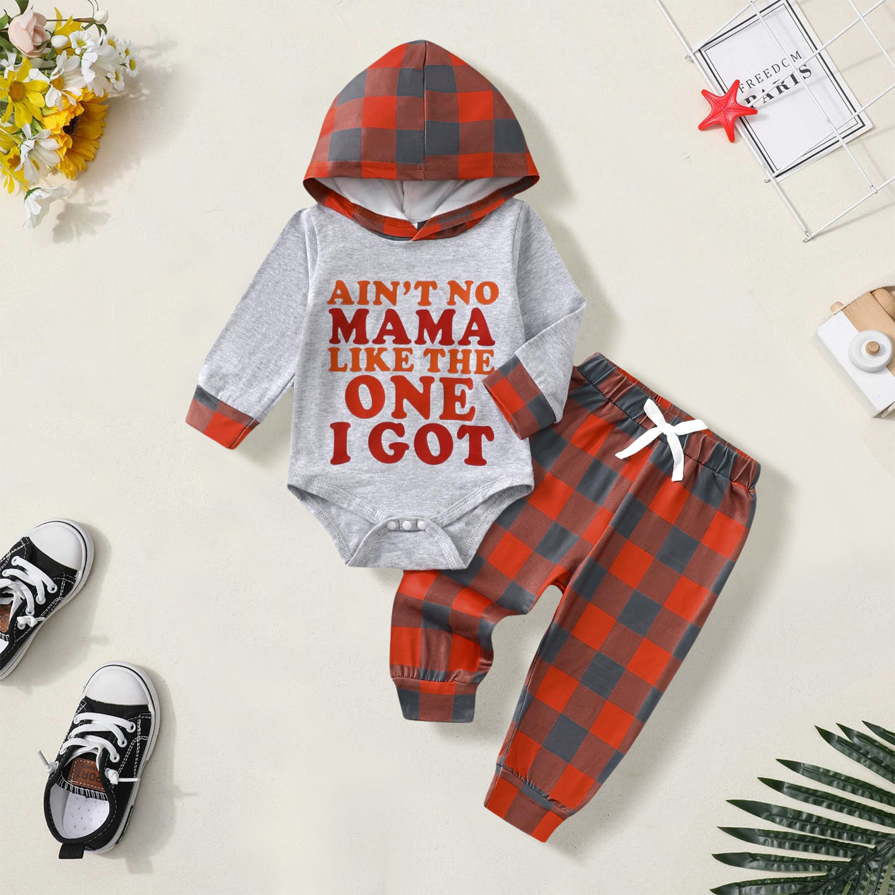 2PCS Ain't No Mama Like The One Letter Plaid Printed Hoodie Baby Set