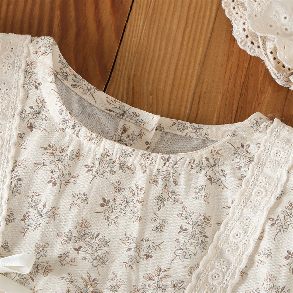 2PCS Elegant Floral Print Short Sleeve Lace Baby Romper