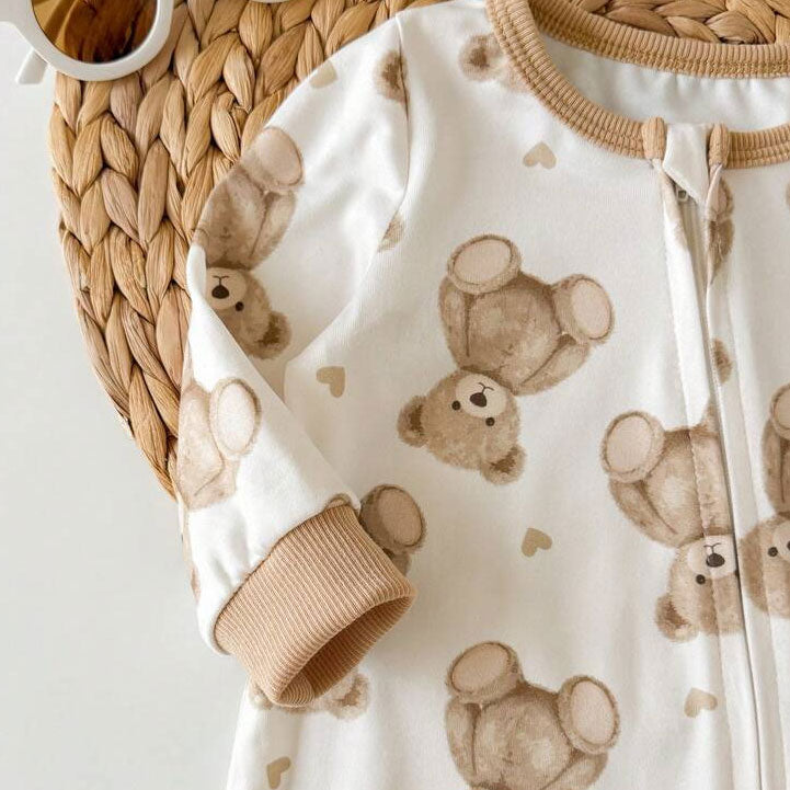 Lovely Teddy Bear Print Long Sleeve Zipper Baby Jumpsuit