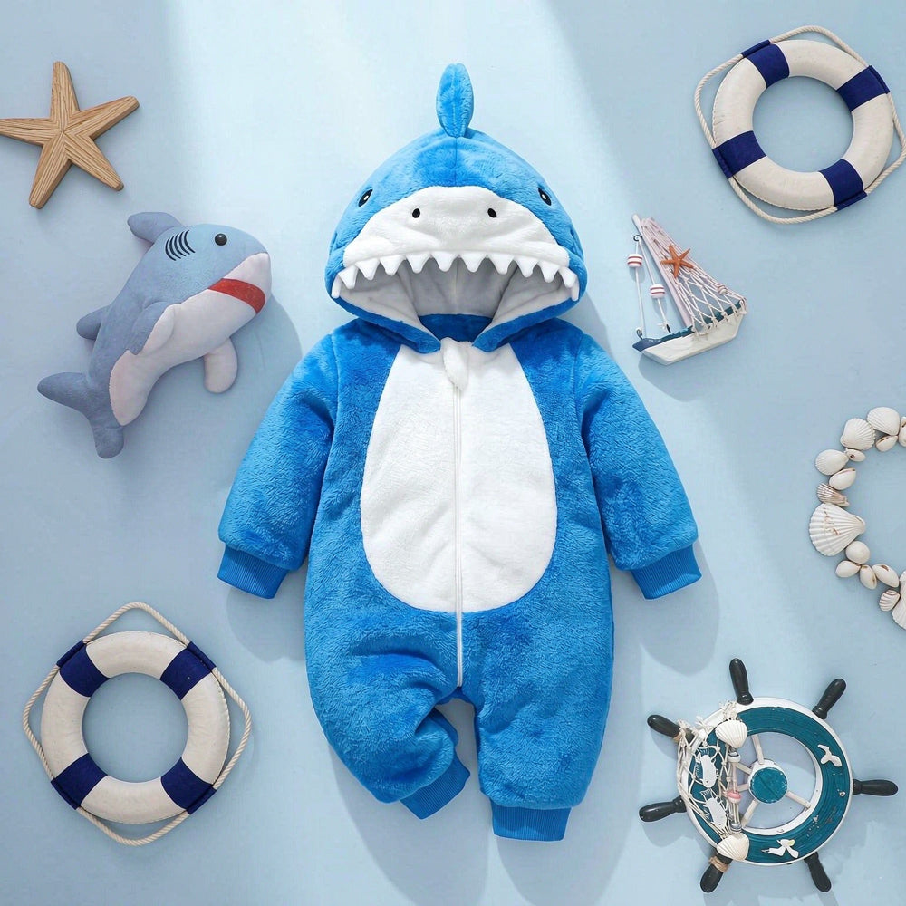 Fuzzy Shark Design Zipper Hoodie Baby Jumpsuit