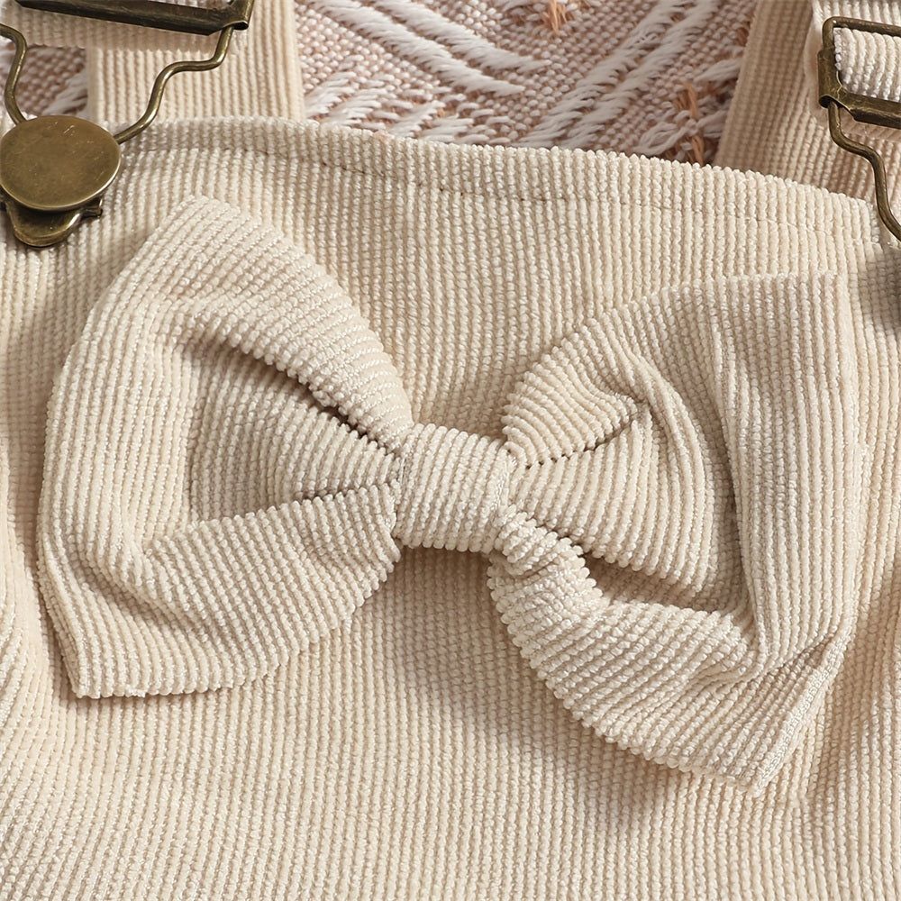 3PCS Lovely Bow Embroidery Long Sleeve Overalls Baby Set
