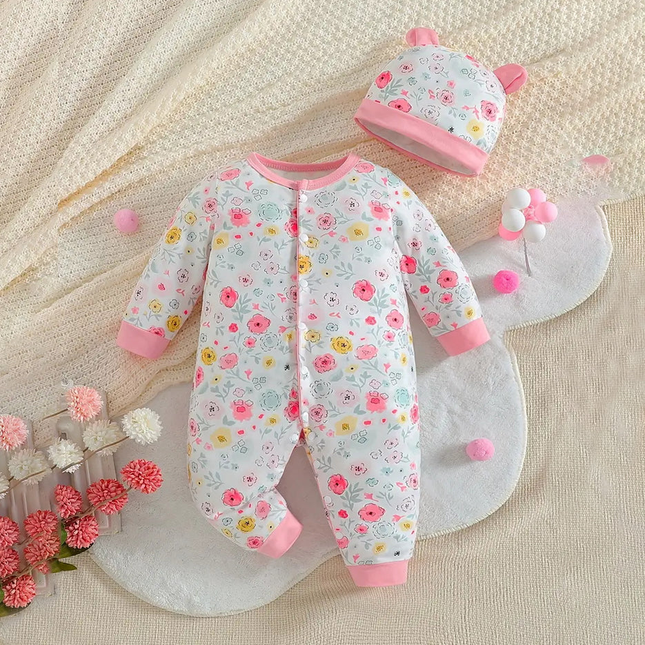 2PCS Comfy Cute Floral Printed Long Sleeve Baby Jumpsuit