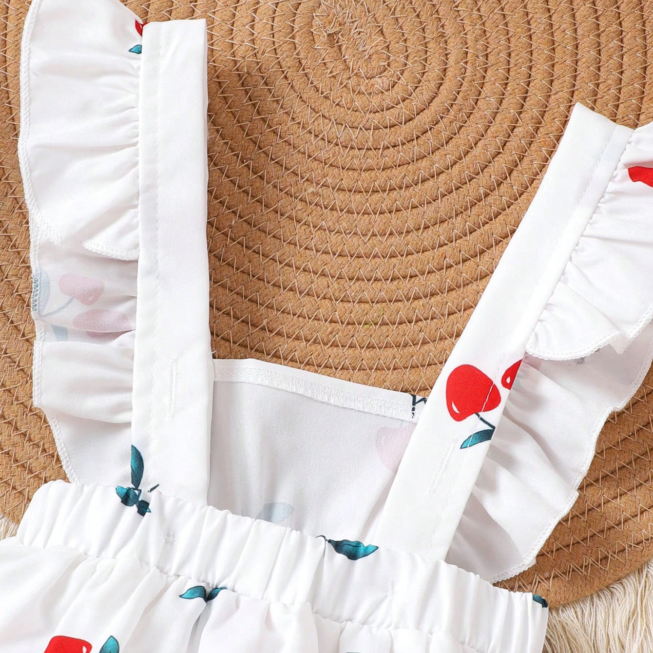 Sweet Cherry Printed Bowknot Flounce Sleeve Baby Romper