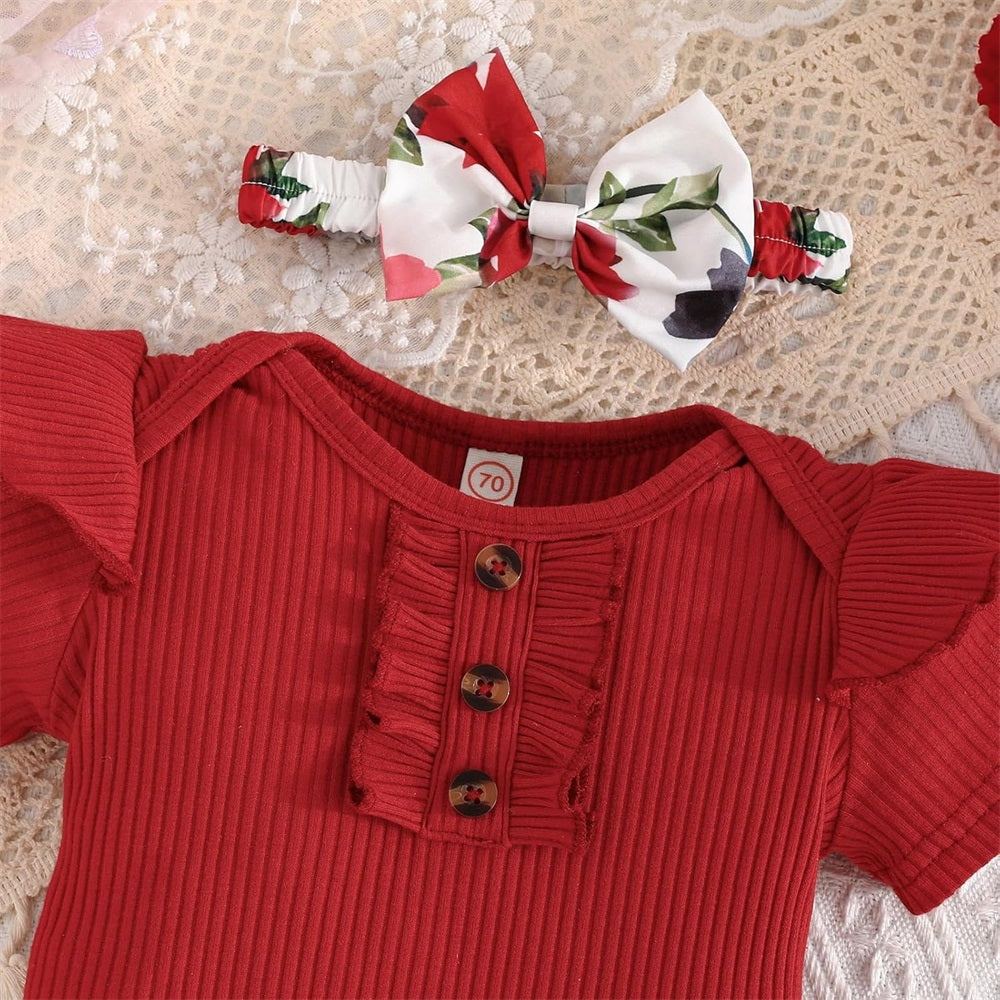 3PCS Comfy Floral Print Short Sleeve Baby Set