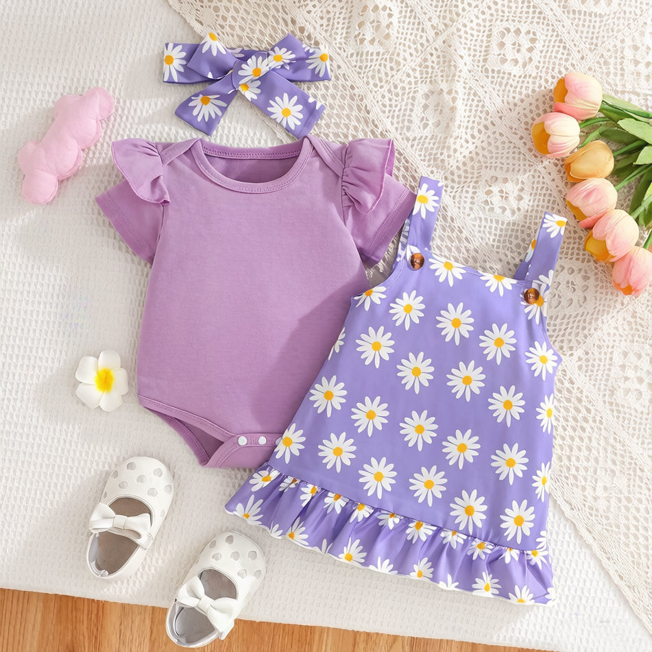 3PCS Sweet Daisy Print Ruffled Short Sleeve Baby Set