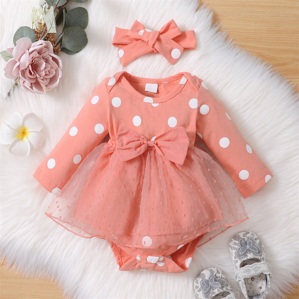 2PCS Cute Polka Dots Printed Long Sleeve Mesh Baby Romper
