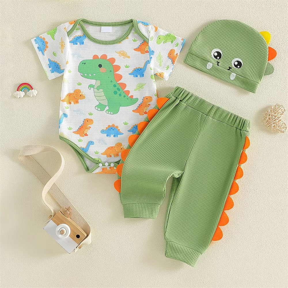 3PCS Cartoon Dinosaur Printed Short Sleeve Baby Set
