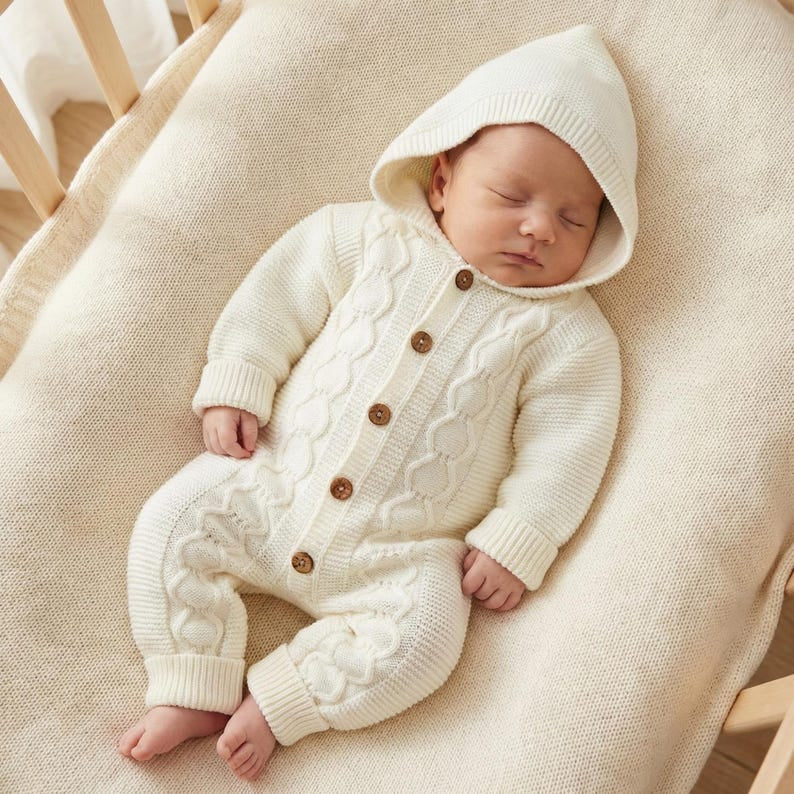 Comfy Solid Color Long Sleeve Hoodie Baby Knit Jumpsuit