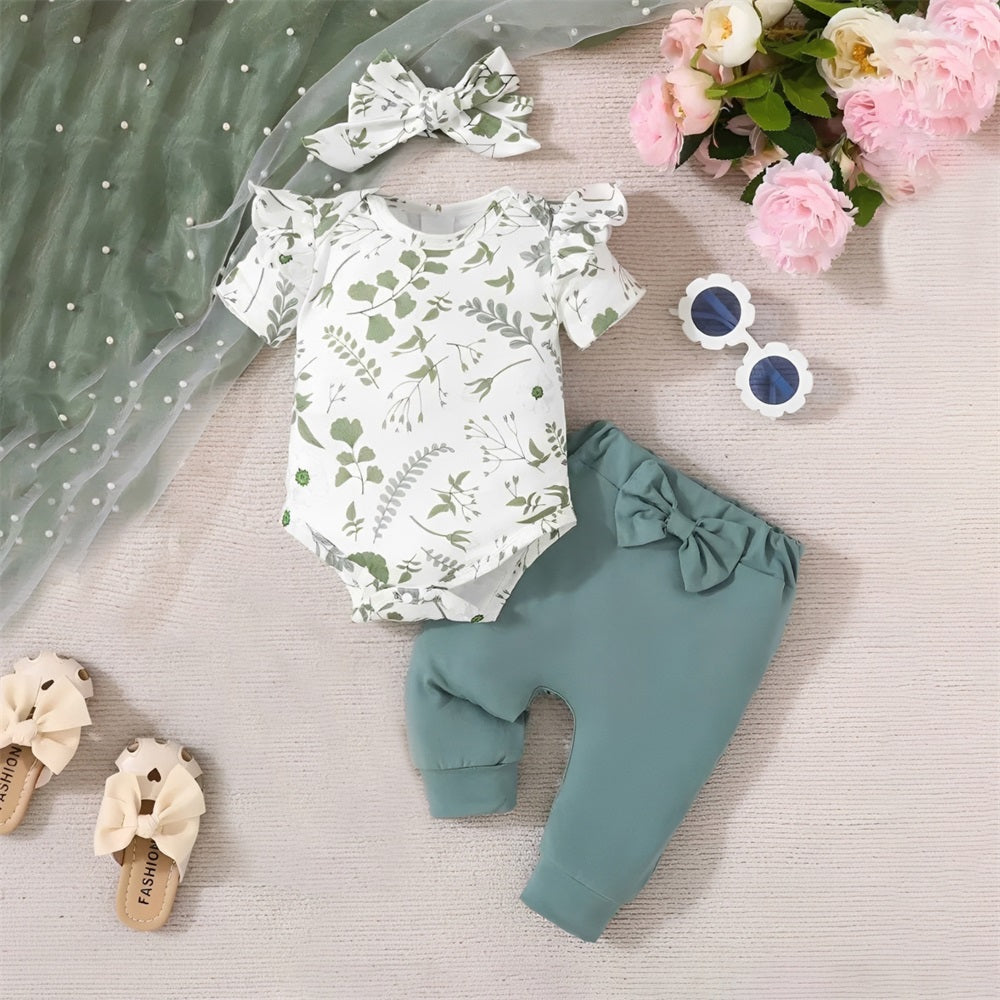 3PCS Stylish Floral Printed Ruffled Short Sleeve Baby Set